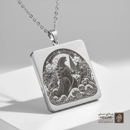 گردنبند طرح گودزیلا و نقوش ابر و باد (حکاکی لیزری فایبر، مدل قاب مربع) کد 501491