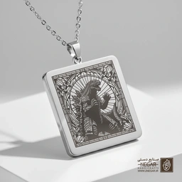 گردنبند طرح گودزیلا در قاب هندسی (حکاکی لیزری فایبر، مدل قاب مربع) کد 501492