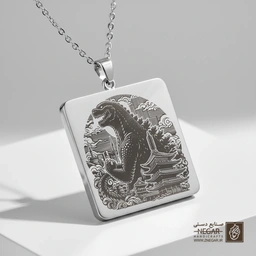 گردنبند طرح گودزیلا و معمار ژاپنی (حکاکی لیزری فایبر، مدل قاب مربع) کد 501495