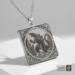 گردنبند طرح گودزیلا در قاب تزیینی (حکاکی لیزری فایبر، مدل قاب مربع) کد 501497