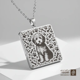 گردنبند طرح سگ گلدن دودل نشسته (حکاکی لیزری فایبر، مدل قاب مربع) کد 501504