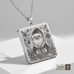 گردنبند طرح گرینچ و کادو کریسمس (حکاکی لیزری فایبر، مدل قاب مربع) کد 501561