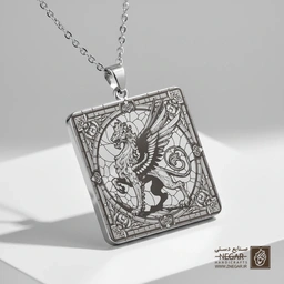 گردنبند طرح گریفون (شیردال) اساطیری (حکاکی لیزری فایبر، مدل قاب مربع) کد 501581