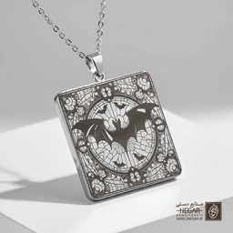 گردنبند طرح خفاش و شب مهتابی (حکاکی لیزری فایبر، مدل قاب مربع) کد 501589