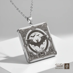 گردنبند طرح خفاش مدرن در کادر (حکاکی لیزری فایبر، مدل قاب مربع) کد 501590