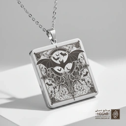 گردنبند طرح خفاش و نقوش گوتیک (حکاکی لیزری فایبر، مدل قاب مربع) کد 501591
