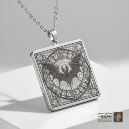 گردنبند طرح خفاش بال‌گشوده در قاب (حکاکی لیزری فایبر، مدل قاب مربع) کد 501592