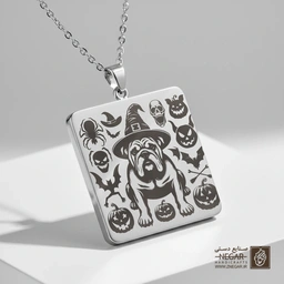 گردنبند طرح سگ بولداگ هالووینی (حکاکی لیزری فایبر، مدل قاب مربع) کد 501596