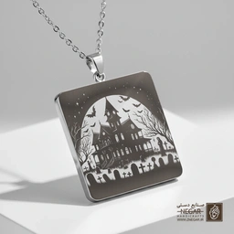 گردنبند طرح قلعه متروکه (حکاکی لیزری فایبر، مدل قاب مربع) کد 501612