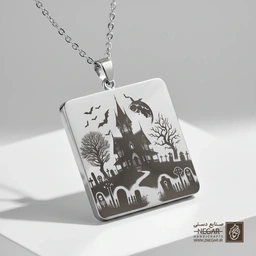 گردنبند طرح خانه وحشت و خفاش‌ها (حکاکی لیزری فایبر، مدل قاب مربع) کد 501618