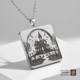 گردنبند طرح قلعه متروکه (حکاکی لیزری فایبر، مدل قاب مربع) کد 501623