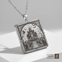 گردنبند طرح عمارت و ماه در قاب اسلیمی (حکاکی لیزری فایبر، مدل قاب مربع) کد 501624