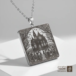 گردنبند طرح عمارت گوتیک و نقوش تزیینی (حکاکی لیزری فایبر، مدل قاب مربع) کد 501630