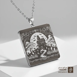 گردنبند طرح عمارت متروکه (حکاکی لیزری فایبر، مدل قاب مربع) کد 501633