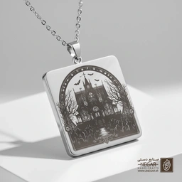 گردنبند طرح قلعه و ماه در کادر دایره (حکاکی لیزری فایبر، مدل قاب مربع) کد 501634