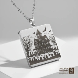 گردنبند طرح خانه متروکه نمای کامل (حکاکی لیزری فایبر، مدل قاب مربع) کد 501639