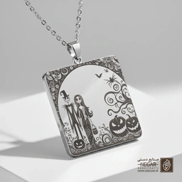 گردنبند طرح جک و سالی در قاب طبیعت (حکاکی لیزری فایبر، مدل قاب مربع) کد 501645