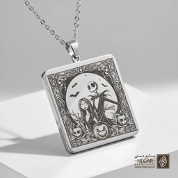 گردنبند طرح جک اسکلینگتون و سالی مدرن (حکاکی لیزری فایبر، مدل قاب مربع) کد 501650
