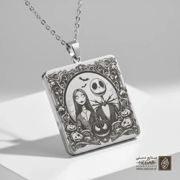 گردنبند طرح جک و سالی در قاب دایره (حکاکی لیزری فایبر، مدل قاب مربع) کد 501656
