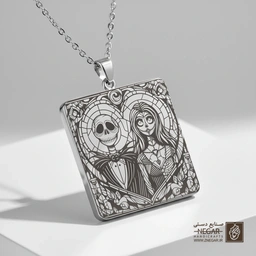 گردنبند طرح جک و سالی در قاب قلب (حکاکی لیزری فایبر، مدل قاب مربع) کد 501663