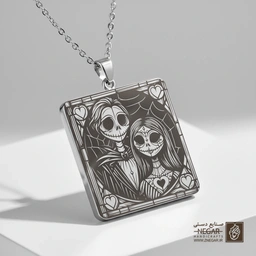 گردنبند طرح پرتره جک و سالی (حکاکی لیزری فایبر، مدل قاب مربع) کد 501664