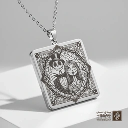 گردنبند طرح جک اسکلینگتون و سالی (حکاکی لیزری فایبر، مدل قاب مربع) کد 501668