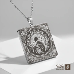 گردنبند طرح اسکلت متفکر در قاب (حکاکی لیزری فایبر، مدل قاب مربع) کد 501688