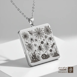 گردنبند طرح عنکبوت و عمارت متروکه (حکاکی لیزری فایبر، مدل قاب مربع) کد 501700