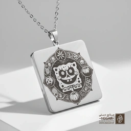 گردنبند طرح باب‌اسفنجی در قاب ماندالا (حکاکی لیزری فایبر، مدل قاب مربع) کد 501714