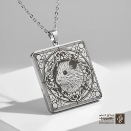 گردنبند طرح پرتره همستر در قاب اسلیمی (حکاکی لیزری فایبر، مدل قاب مربع) کد 501738