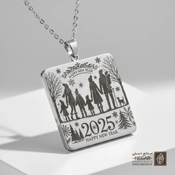 گردنبند طرح سال نو مبارک (Happy New Year) (حکاکی لیزری فایبر، مدل قاب مربع) کد 501763