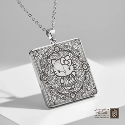 گردنبند طرح هلو کیتی در کادر اسلیمی (حکاکی لیزری فایبر، مدل قاب مربع) کد 501827