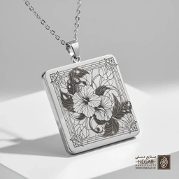 گردنبند طرح گل ختمی و نقوش اسلیمی (حکاکی لیزری فایبر، مدل قاب مربع) کد 501848