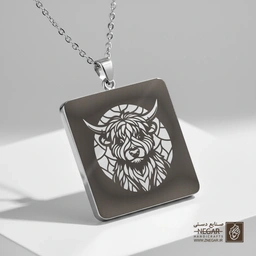 گردنبند طرح گاو هایلند (Highland Cow) (حکاکی لیزری فایبر، مدل قاب مربع) کد 501849