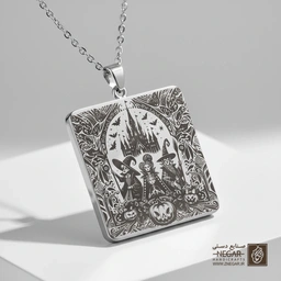 گردنبند طرح قصر جادوگران و کدو (حکاکی لیزری فایبر، مدل قاب مربع) کد 501853