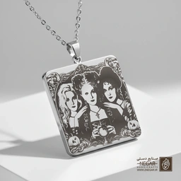 گردنبند طرح جادوگران و کتاب جادو (حکاکی لیزری فایبر، مدل قاب مربع) کد 501864