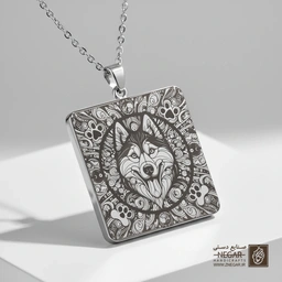 گردنبند طرح هاسکی (Husky) در قاب ماندالا (حکاکی لیزری فایبر، مدل قاب مربع) کد 501924