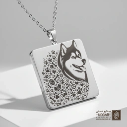 گردنبند طرح سر هاسکی هنری (حکاکی لیزری فایبر، مدل قاب مربع) کد 501927