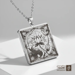 گردنبند طرح گل لوتوس فانتزی (حکاکی لیزری فایبر، مدل قاب مربع) کد 502156