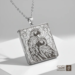 گردنبند طرح جفت طوطی ماکائو (حکاکی لیزری فایبر، مدل قاب مربع) کد 502163