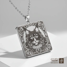 گردنبند طرح گربه مین کون در قاب اسلیمی (حکاکی لیزری فایبر، مدل قاب مربع) کد 502166