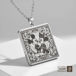 گردنبند طرح میکی و مینی موس (حکاکی لیزری فایبر، مدل قاب مربع) کد 502268