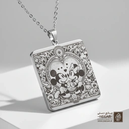 گردنبند طرح میکی و مینی در قلب (حکاکی لیزری فایبر، مدل قاب مربع) کد 502277
