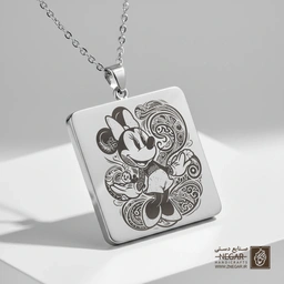 گردنبند طرح مینی موس در قاب ماندالا (حکاکی لیزری فایبر، مدل قاب مربع) کد 502281