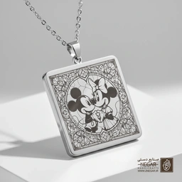 گردنبند طرح میکی و مینی در قاب گل گلی (حکاکی لیزری فایبر، مدل قاب مربع) کد 502286