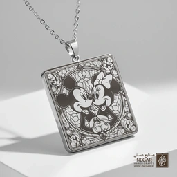 گردنبند طرح میکی و مینی در قاب قلبی (حکاکی لیزری فایبر، مدل قاب مربع) کد 502288