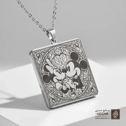 گردنبند طرح آغوش میکی و مینی موس (حکاکی لیزری فایبر، مدل قاب مربع) کد 502290