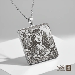 گردنبند طرح موآنا و موج دریا (حکاکی لیزری فایبر، مدل قاب مربع) کد 502339