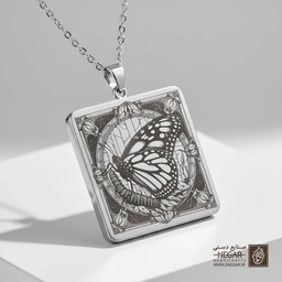 گردنبند طرح پروانه مونارک مقتدر (حکاکی لیزری فایبر، مدل قاب مربع) کد 502357