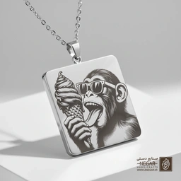 گردنبند طرح میمون بستنی‌خور با عینک (حکاکی لیزری فایبر، مدل قاب مربع) کد 502359